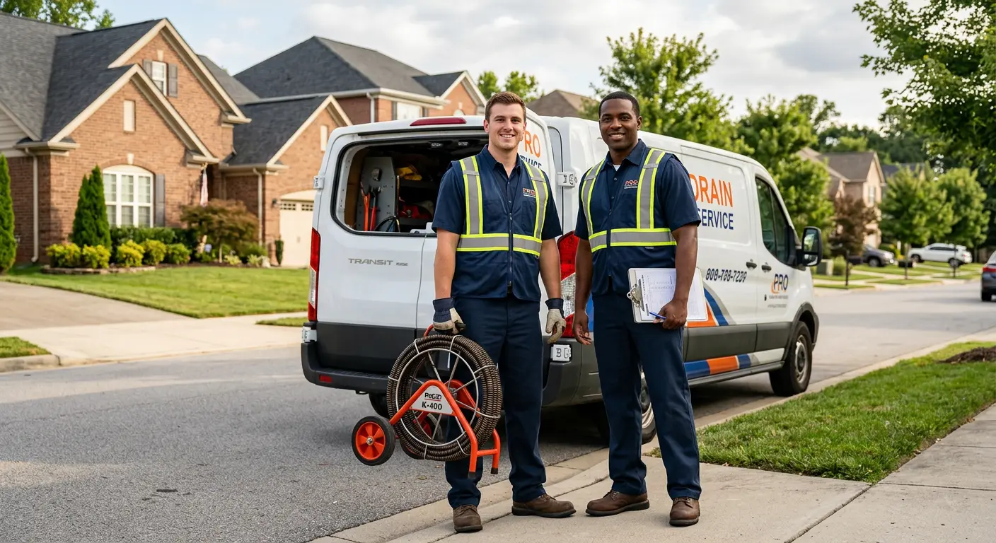 Sewer and drain service team with equipment ready for work in East Hanover
