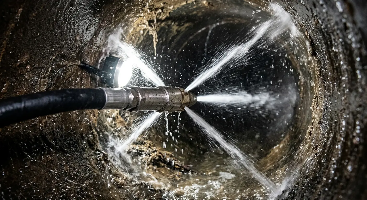 High-pressure hydro jetting nozzle cleaning sewer pipe for Sewer Cleanout in East Hanover