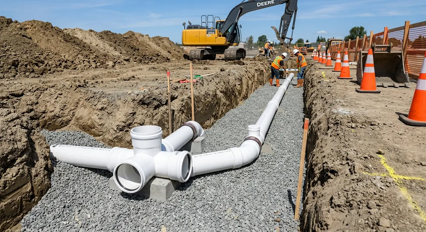 New PVC sewer pipe installation in open trench for Commercial Drain Cleaning in East Hanover