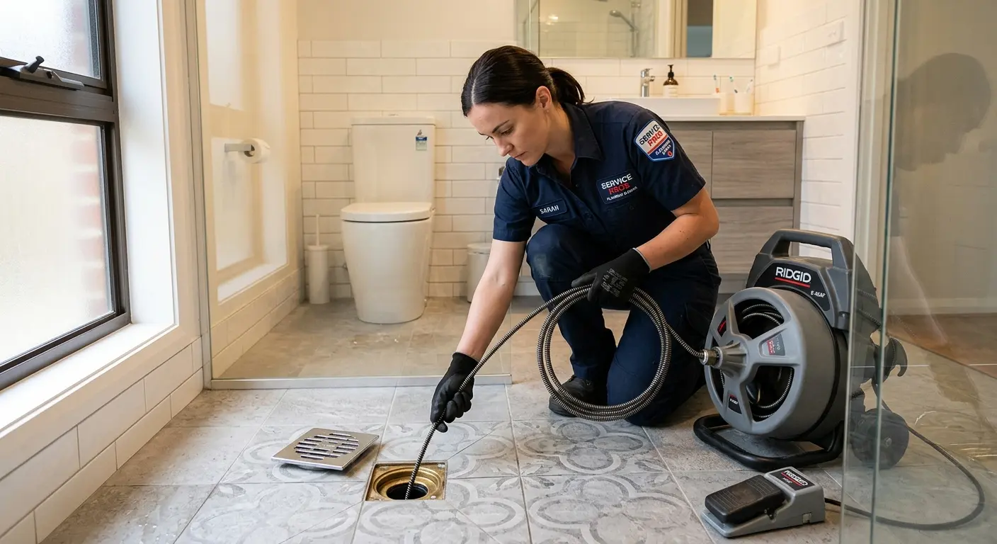 Technician clearing a bathroom floor drain for Clogged Drain Repair in East Hanover